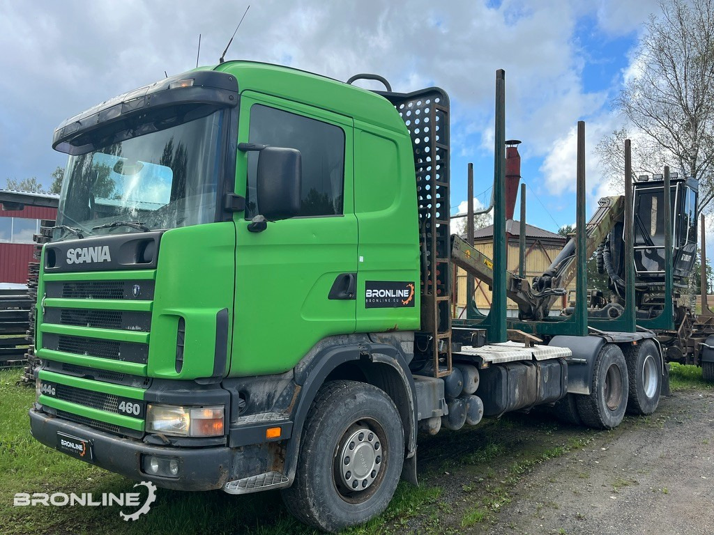 2001 Scania R144 6x4 Loglift + 1997 Närko TP3-RT-280 - Camião de transporte de madeira, Camião grua: foto 1 2001 Scania R144 6x4 Loglift + 1997 Närko TP3-RT-280 - Camião de transporte de madeira, Camião grua: foto 1