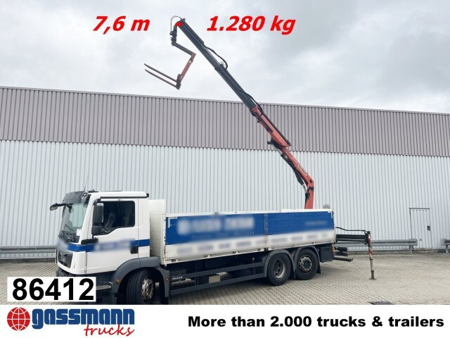 MAN TGM 26.340 6X2-4 LL, Lenk-/Liftachse, Heckkran - Camião de caixa aberta/ Plataforma, Camião grua: foto 1 MAN TGM 26.340 6X2-4 LL, Lenk-/Liftachse, Heckkran - Camião de caixa aberta/ Plataforma, Camião grua: foto 1