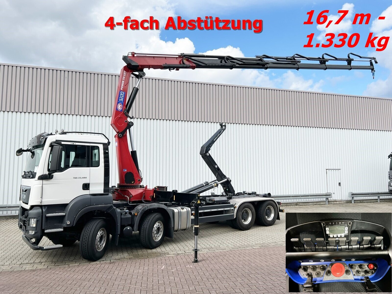 MAN TGS 35.480 8X4 BL TGS 35.480 8X4 BL, Intarder, Kran HMF 3220-K6, 4-fach Abstützung, Funk - Camião polibenne, Camião grua: foto 1 MAN TGS 35.480 8X4 BL TGS 35.480 8X4 BL, Intarder, Kran HMF 3220-K6, 4-fach Abstützung, Funk - Camião polibenne, Camião grua: foto 1