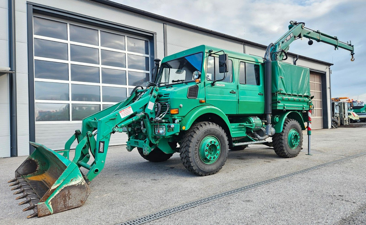 Unimog U2150 Doka HIAB 105 Kran Winde Frontlader - Camião, Camião grua: foto 1 Unimog U2150 Doka HIAB 105 Kran Winde Frontlader - Camião, Camião grua: foto 1