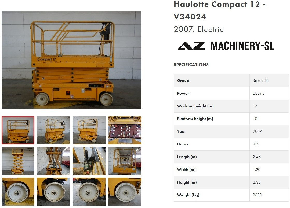 Used Electric scissor Lift Haulotte Compact 12 - Plataforma de Tijera/ Plataforma de tesoura: foto 1 Used Electric scissor Lift Haulotte Compact 12 - Plataforma de Tijera/ Plataforma de tesoura: foto 1