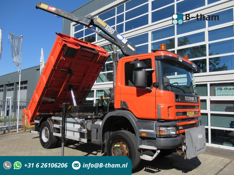 Scania P 114 CB 4x4 HZ 340 3-W. Tipper - 3-S. Kipper + HMF 1063 Crane Kran - Camião basculante, Camião grua: foto 1 Scania P 114 CB 4x4 HZ 340 3-W. Tipper - 3-S. Kipper + HMF 1063 Crane Kran - Camião basculante, Camião grua: foto 1