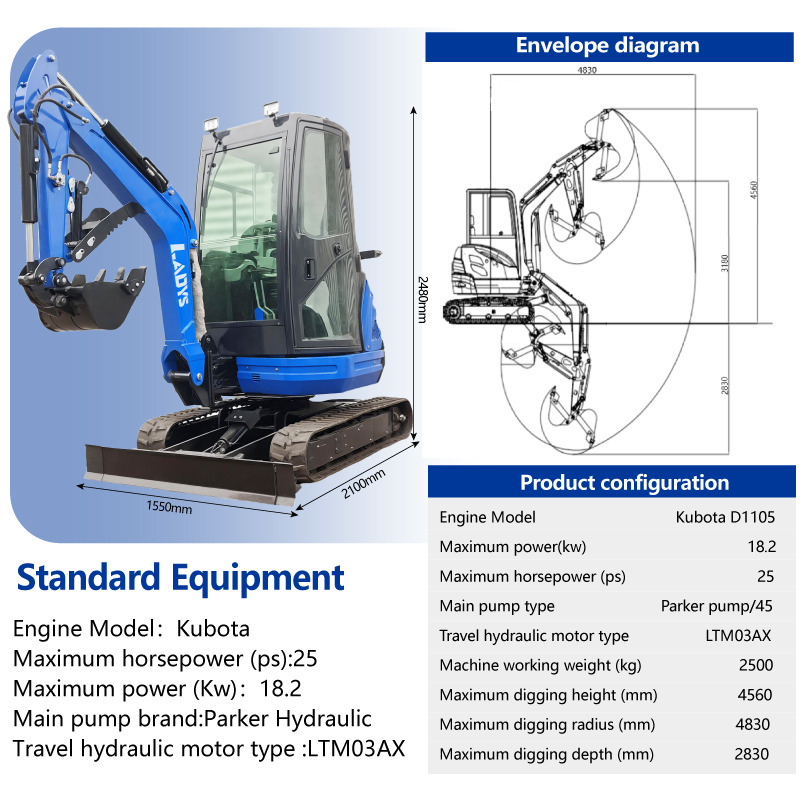 LADYS DY25U Mini Excavator Kubota Euro 5/Epa Engine Mini Excavator For Sale - Mini escavadeira: foto 2 LADYS DY25U Mini Excavator Kubota Euro 5/Epa Engine Mini Excavator For Sale - Mini escavadeira: foto 2