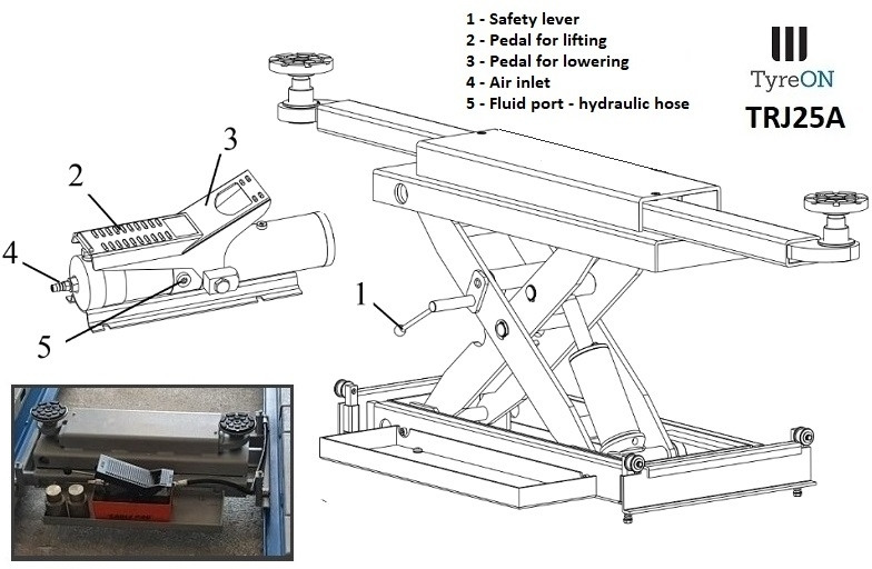 TRJ25A air-hydraulic rolling axle jack 2.5T- Height adjustable adapters - Equipamento para oficina: foto 2 TRJ25A air-hydraulic rolling axle jack 2.5T- Height adjustable adapters - Equipamento para oficina: foto 2