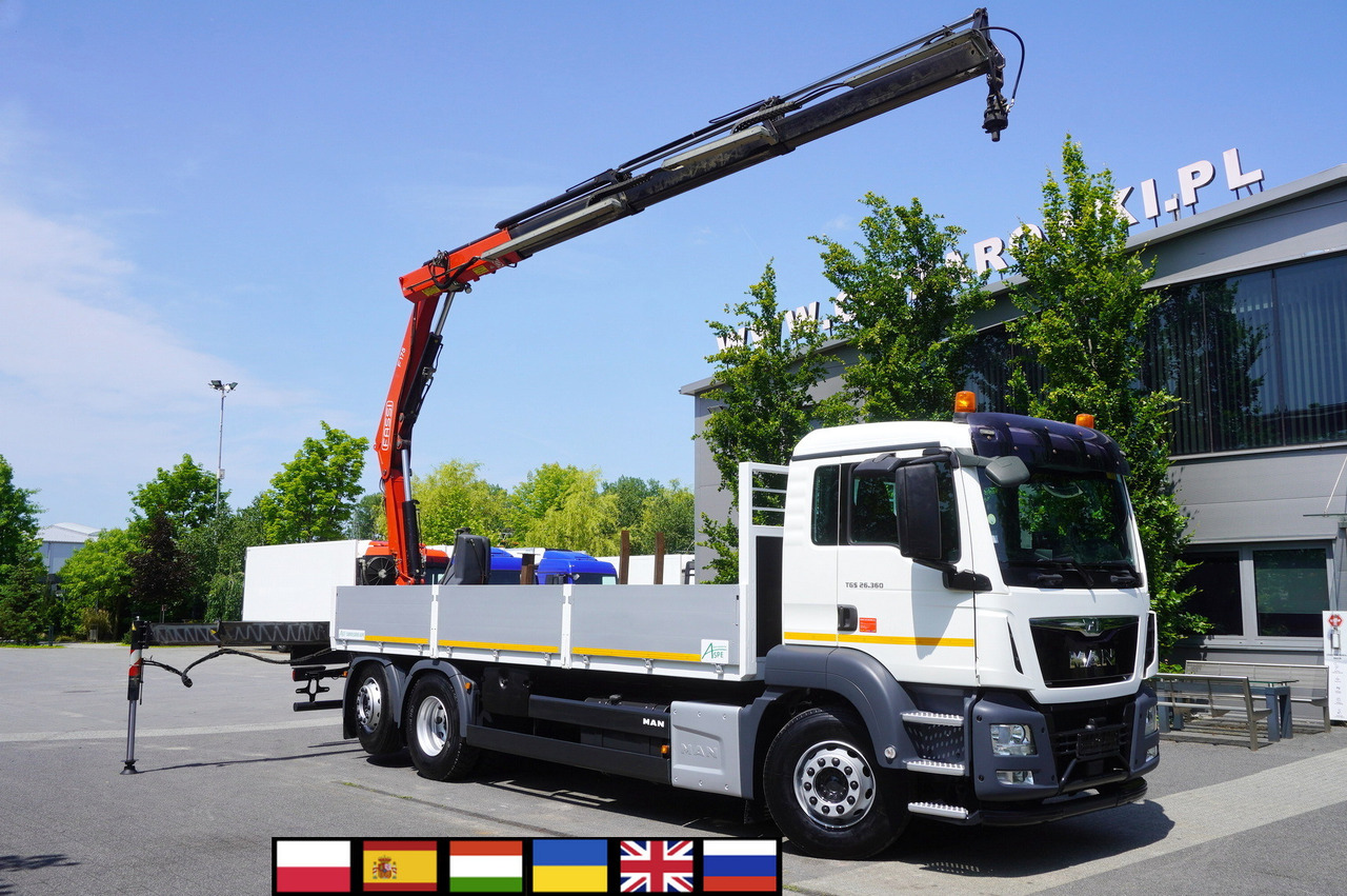 MAN TGS 26.360 Flatbed / Fassi F175 7.7 T / steered 3rd axle - Camião de caixa aberta/ Plataforma, Camião grua: foto 1 MAN TGS 26.360 Flatbed / Fassi F175 7.7 T / steered 3rd axle - Camião de caixa aberta/ Plataforma, Camião grua: foto 1