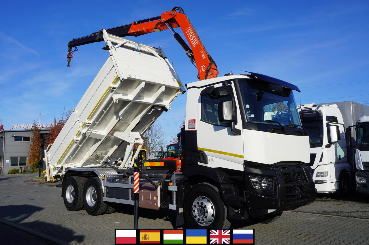 RENAULT C380 E6 6×4 / HDS Fassi F135 2700 MTH / Range 8 m / 5.6 t lifting capacity / 3-side tipper / Bortmatic - Camião basculante, Camião grua: foto 1 RENAULT C380 E6 6×4 / HDS Fassi F135 2700 MTH / Range 8 m / 5.6 t lifting capacity / 3-side tipper / Bortmatic - Camião basculante, Camião grua: foto 1