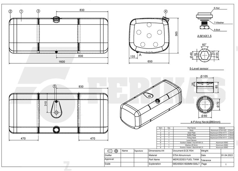 Tanque de combustível por Camião novo Mercedes-Benz New aluminum fuel tank 500L: foto 7