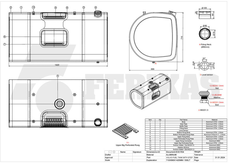 Tanque de combustível por Camião novo Volvo New aluminum fuel tank 550L: foto 7