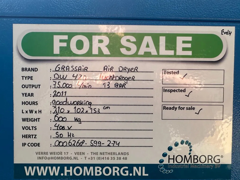 Compressor de ar Grassair DW 420 Air Dryer 70 m3 / min 70000 L / min 13 Bar Luchtdroger: foto 11
