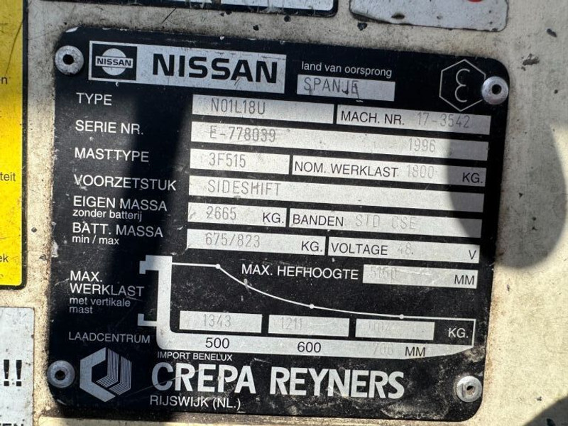 Nissan N01L18U 1.8 ton Triplex Freelift Sideshift Elektra Heftruck Accu 2016 ! - Empilhadeira elétrica: foto 3 Nissan N01L18U 1.8 ton Triplex Freelift Sideshift Elektra Heftruck Accu 2016 ! - Empilhadeira elétrica: foto 3