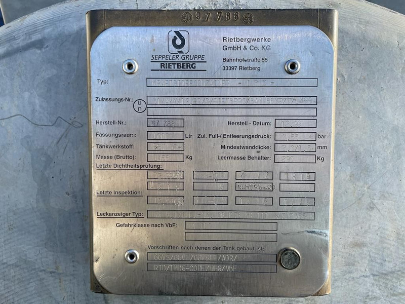 Dieseltank Rietberg 1000 liter Dieseltank Gegalvaniseerd IBC met keuring ! - Depósito de armazenamento: foto 3 Dieseltank Rietberg 1000 liter Dieseltank Gegalvaniseerd IBC met keuring ! - Depósito de armazenamento: foto 3