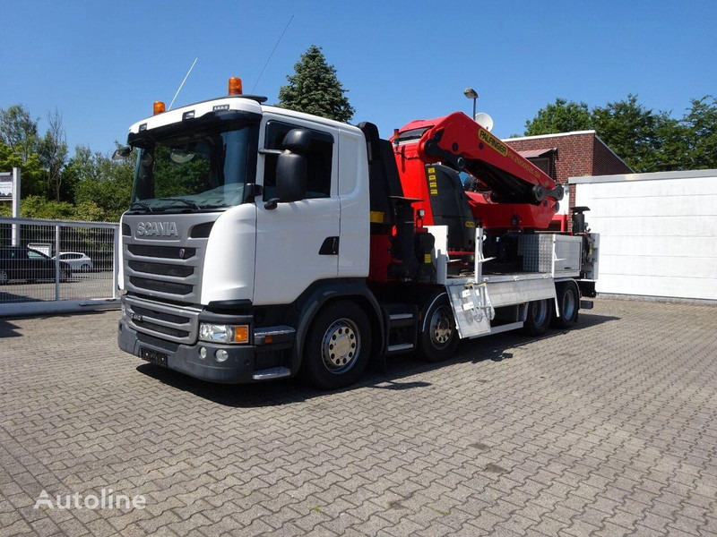 Scania G410 - Flatbed+crane - Camião de caixa aberta/ Plataforma, Camião grua: foto 1 Scania G410 - Flatbed+crane - Camião de caixa aberta/ Plataforma, Camião grua: foto 1