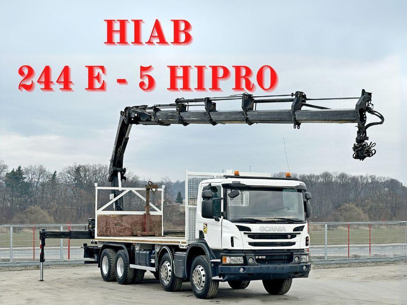 Scania P 410*PLATFORM 7,00m*HIAB 244 E-5 HIPRO+FUNK/8x4 - Camião de caixa aberta/ Plataforma, Camião grua: foto 1 Scania P 410*PLATFORM 7,00m*HIAB 244 E-5 HIPRO+FUNK/8x4 - Camião de caixa aberta/ Plataforma, Camião grua: foto 1