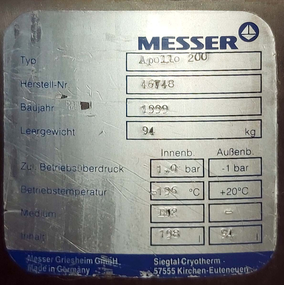 Cryotherm Apollo Dewar vessel cryogenic used for liquid nitrogen 200 liters - Depósito de armazenamento: foto 3 Cryotherm Apollo Dewar vessel cryogenic used for liquid nitrogen 200 liters - Depósito de armazenamento: foto 3