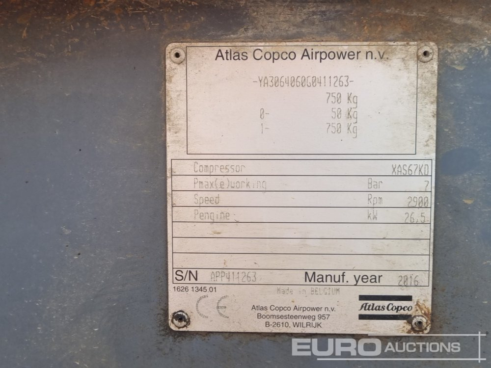 Compressor de ar 2016 Atlas Copco XAS67KD: foto 35